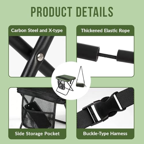 Image of Portable Folding Stool - 16 inch Tall Collapsible Backpack Stool with Storage Pouch, Hands-Free Carry & Supports 300 lbs, Ultralight for Hiking, Fishing, Camping, Festivals (Green, Large)