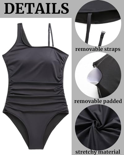 Tempt Me Women One Piece Swimsuits Tummy Control One Shoulder Bathing Suits Ruched Asymmetric Swimwear Black M thumb #2