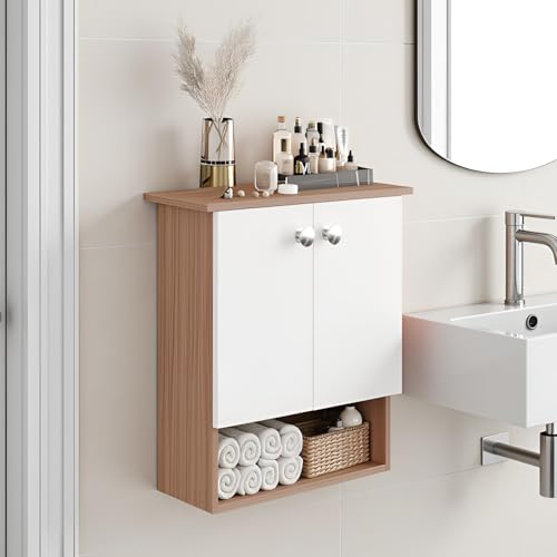 Image of FURNEASER Modern Engineered Wood Bathroom Storage Cabinet | Wall Mount Utility Organizer, Wash Area, Living Room & Bedroom | Space Saving Multipurpose Storage Unit (Exotic Teak & White)