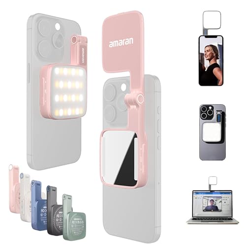 Amaran Go Magnetic Selfie Phone Light Dual LED Light Source with Adjustable Mirror Light CCT 2700K-6500K Rechargeable for Selfie Makeup Video Conference TikTok for iPhone & Android (Pink)