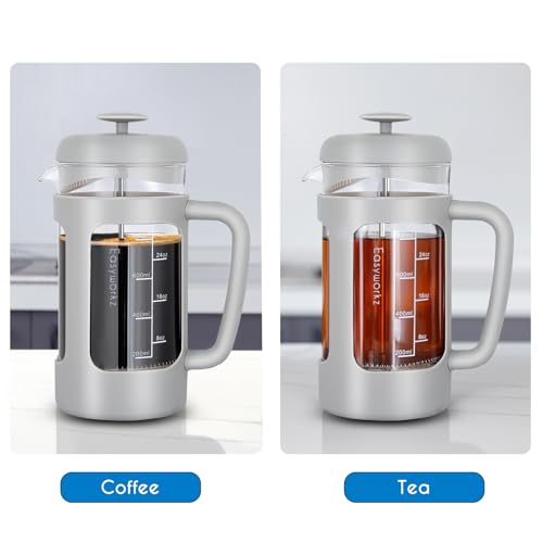 Easyworkz French Press 34 oz Coffee Tea Maker with Borosilicate Glass,Soft Grip Handle,Light Grey