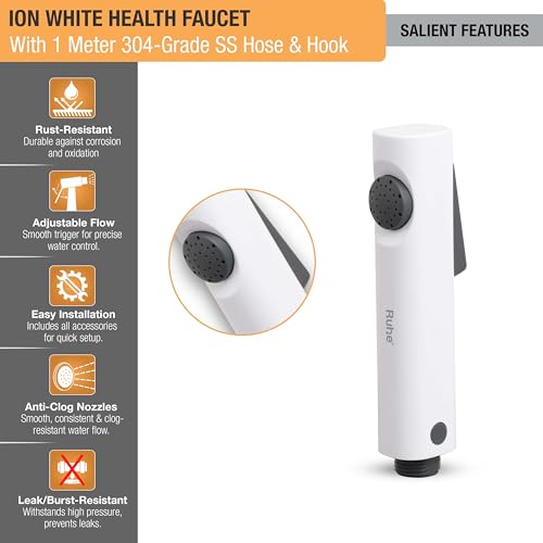 Image of Ruhe Ion White Health Faucet Set for Bathroom /Handheld Jet Spray for Toilet | ABS Hand Spray Gun with 304-Grade Stainless Steel Flexible Shower Tube 1 Meter and Wall Hook /Holder