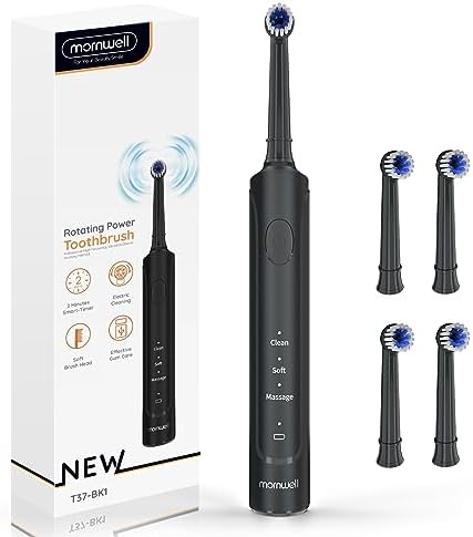 mornwell Electric Toothbrush USB Fast Charging 3 Modes Rotary Toothbrushes Rechargeable Spin Toothbrushes with 4 Round Brush Heads for Adults & Kids (Over 8 Years Old)