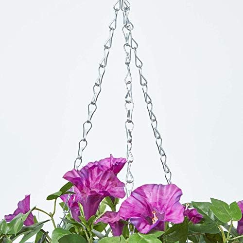 HOMESCAPES Purple Petunia Artificial Hanging Basket Large Lifelike Hanging Plant For Indoor and Outdoor Decoration Trailing Flowers In Brown Wicker Pot with Silver Metal Chain and Hook 80 cm Long