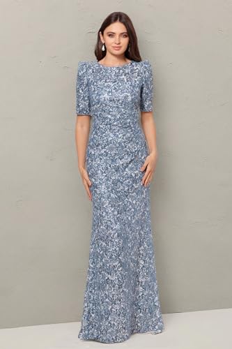 Image of Xscape Women's Long Lace Sequin Side Ruched Dress (Reg and Petite), Blue /Silver, 10P