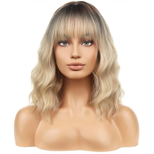 Image of BERON Blonde Ombre Short Wigs Curly Shoulder Length Wig with Bangs Ombre Color Wavy Hair Wigs 35 cm /14 Inch Women's Synthetic Wigs Daily Party Use