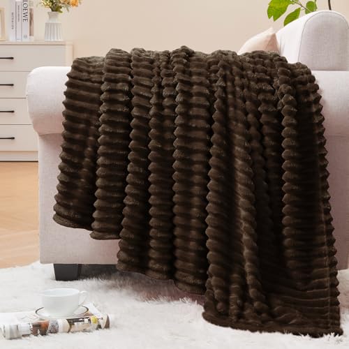 Image of BEDELITE Fleece Throw Blanket for Couch - 3D Ribbed Jacquard Soft and Warm Decorative Fuzzy Blanket - Cozy, Fluffy, Plush Lightweight Dark Brown Throw Blankets for Bed, Sofa, 50x60 inches