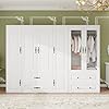 Modern 6 Door Armoire Wardrobe Closet with 4 Drawers Wardrobe Closet Spacious Storage Cabinet with 3 Hanging Rods Shelves Tall Wardrobe Closet for Bedroom White