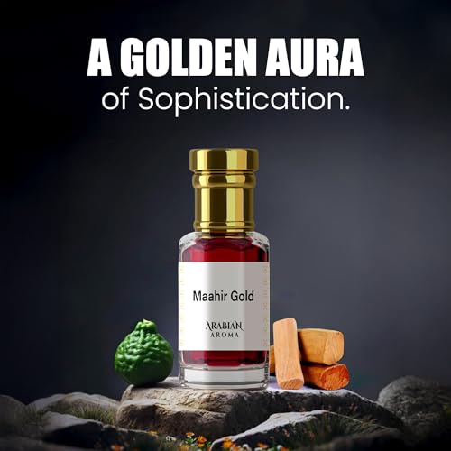 Image of Arabian Aroma Maahir Gold Attar | Fruity Floral Attar Perfume for Men & Women | Unisex Long-Lasting Sandalwood & Chocolate Musk | Alcohol Free, 100% Pure Perfume (6ml)