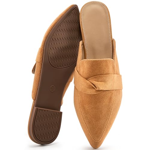 Decould sylf Mules for Women 2026: Pointed Toe Slingback Flats Shoes Casual Bowknot Slide Loafers for Office Walking, Brown, Size 9