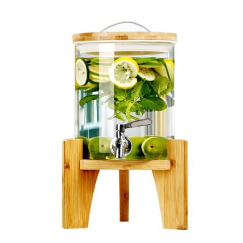 「NexPon」ガラス ジャグ タンク ドリンクサーバー 木製ベースのガラス飲料蛇口 トレー付き ピッチャー 果実酒びん 保存容器 密閉缶 パーティー バー 大容量 (5L)