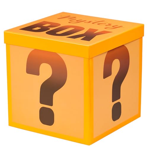 RUSPEPA Mystery Gift Box with Lid Fun Orange Question Mark Design Medium Collapsible Gift Box with Tissue for Kids & Adults Birthday Party Games Mystery Surprise Packaging 9x9x9 Inches 1 Pcs