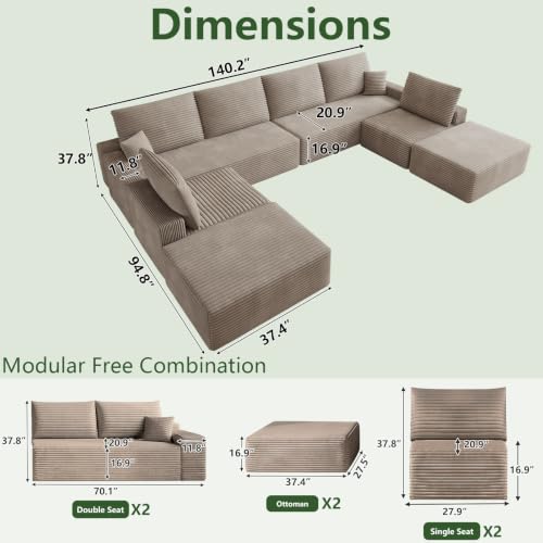 Image of Oversized Modular Sectional Sofa Couch, Large 8 Seater Corner Sofa Modern U Shaped Sectional Couch with Ottoman Cloud Couches for Living Room, Office, Spacious Space, Corduroy, No Assembly, Camel
