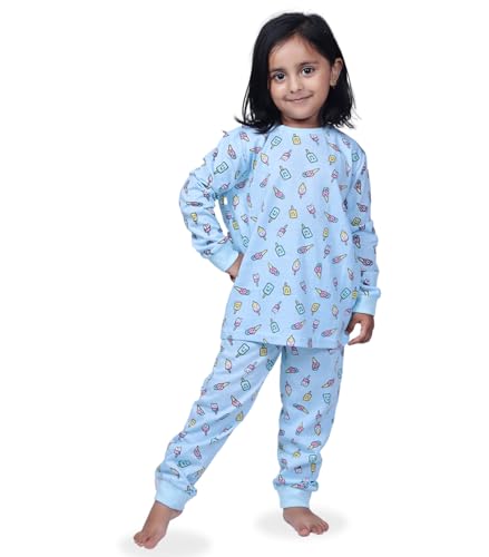 Image of Hestia | H.NSG.N.1 | Kids Girls Nightwear | Sleepwear | Cotton |Trouser Full Sleeves Tshirt | Elastic Waist |Night Dress with Pyjama Tshirts for Girls|All Over Horse Printed |Blue Color 4-6Yrs |Set 1