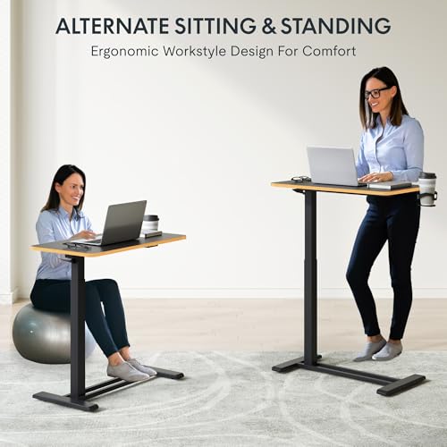 Image of FLEXISPOT Mobile Standing Desk with Wheels Pneumatic Laptop Desk Rolling Computer Cart Movable Height Adjustable Small Sit Stand Desk Computer Workstations Home Use(27.6 inch W x 15.7 inch D, Black+Maple