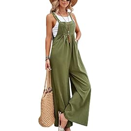 FuraHa Women’s Cotton Linen Overalls Rompers Baggy Casual Loose Sleeveless Bib Wide Leg Long Pant Jumpsuit with Pockets