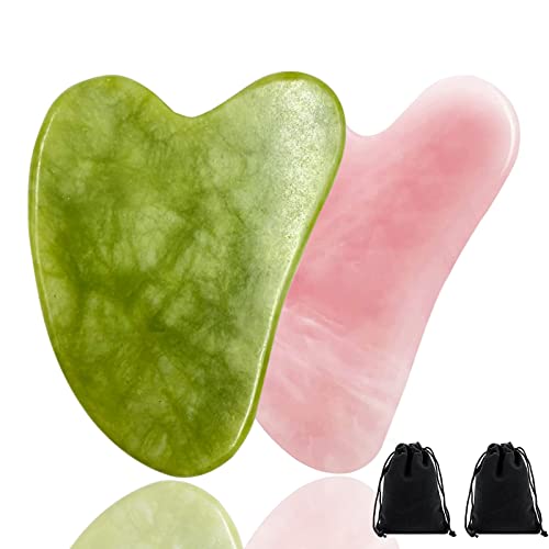 2 Stück GuaSha Stein Massagewerkzeug, Natur-Stein Herzform Scraping Beauty-Tool SPA Gesichtspflegewerkzeug für Hals Körper Kristall, Mit 2 Stück Samtbeutel (Natürliches Jade +Rosenquarz)