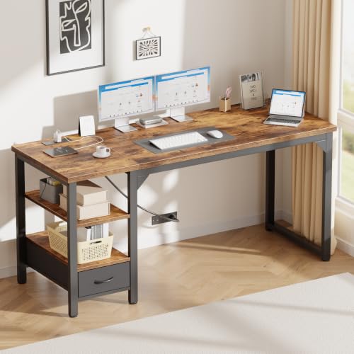 Image of Mericonia 54 inch Computer Desk with Drawer, 1.2 inch Thick Reversible Office Desk | Modern Writing Table with Power Outlets & Storage Shelves, Heavy Duty Industrial Executive Desk for Home Bedroom Study Work
