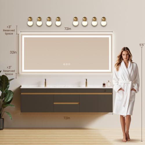 Image of 72x32 LED Bathroom Mirror with Anti-Fog, Backlit & Front Lit, Memory | Stepless Dimmable 3 Color CRI 95+ Shatterproof Tempered Glass ETL Listed for Safety Lighted Bathroom Vanity Mirror for Wall