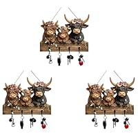UOAESR 2D Highland Cow Ornaments Key Holder, Highland Cattle Ornaments, Bullhead Animal Wooden Towel Key Hooks Coat Hanger with 4 Hooks, Decorative Rack for Entryway Hallway Highland Cow Lovers Gifts