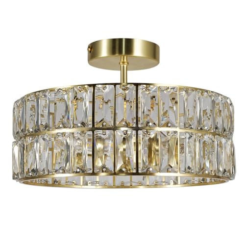 Image of Britalia Satin Brass & Clear Faceted Crystal Bathroom 4 Lamp Round Drum Semi Flush Ceiling Light | 30cm Diameter | IP44 Rating | 4 x G9 Lamp Bulbs Required | 240V UK | Ensuite Lighting | Retro Vibe
