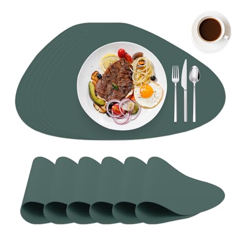 WearLegend Tischset Abwaschbar und Wasserdicht，Leder-Imitat Platzdeckchen Platzsets, rutschfeste Noppen-Unterseite & Schneidbar für Küche & Büro & Party (Grün, Oval-6er Set)