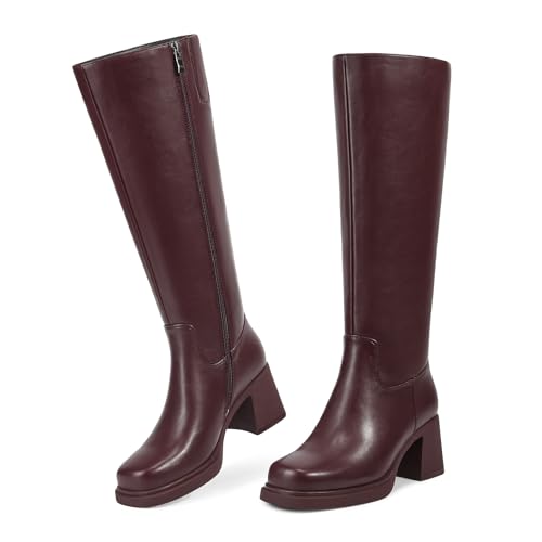 ISNOM Platform Knee High Boots Women Chunky Block Heel Long Tall Square Toe Boots With Side Zipper for Dress Going Out Work