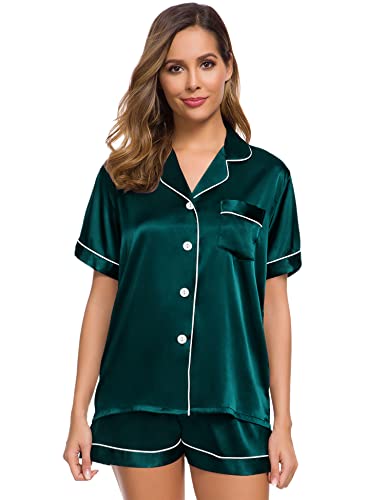 Image of SWOMOG Womens Silk Satin Pajamas Set Short Sleeve Sleepwear Button Down Top and Shorts Loungewear 2 Piece Pjs Set XS-3XL