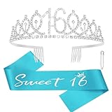 CAVETEE Sweet 16 Sash and Crown，16th Birthday Crown for Girl, Happy Birthday Decorations for Girls