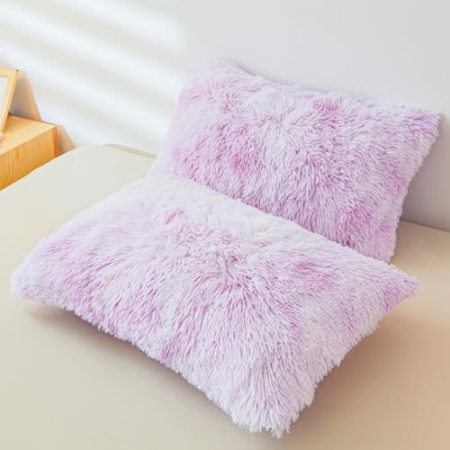 ERLOXO Shaggy Tie Dye Purple Pillow Cover, Ultra Soft Fuzzy Fluffy Tie Dye Purple Pillow Covers with Plush Texture and Furry Touch, Faux Fur Cushion Shams 20"x26" Zippered, Set of 2