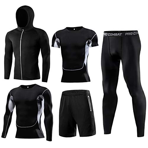 WELLGEAR Men's Gym Running Fitness Kit Compression Shirts for Men Pants Shirt Top Long Sleeve Jacket Set 5 PCS - Workout (Small, Net)