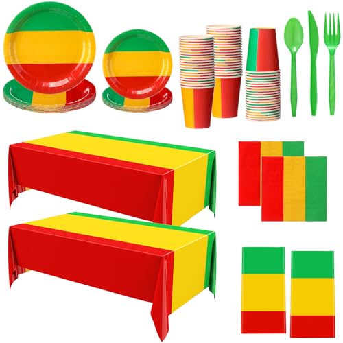 Oudain 154 Pcs Black History Month Party Decorations 2 Pcs Rectangular African Tablecloth Red Green and Yellow Disposable Tableware Plate Cup Set for African American Kwanzaa Juneteenth Party Supplies