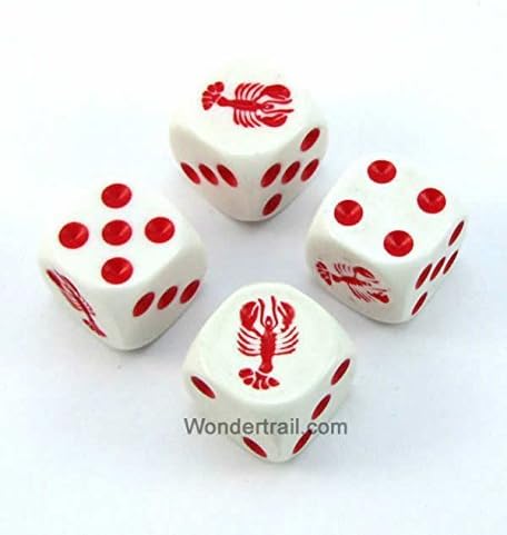 Wondertrail Lobster Dice White Opaque with Red Pips D6 16mm (5/8in) Set of 4