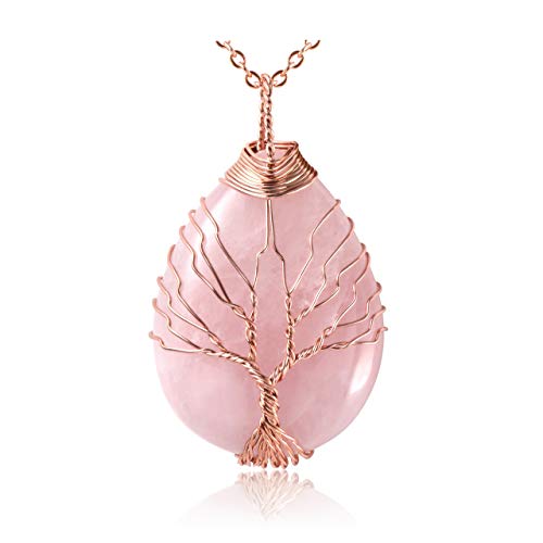 Top Plaza Wire Wrapped Tree of Life Natural Gemstone Teardrop Pendant Necklace Healing Crystal Chakra Jewelry for Women - Rose Quartz