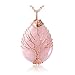 Top Plaza Wire Wrapped Tree of Life Natural Gemstone Teardrop Pendant Necklace Healing Crystal Chakra Jewelry for Women - Rose Quartz