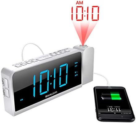 SHANLONYI Projection Alarm Clock with AM/FM Radio, 180°Projector, 7" LED Display, DST, Easy to Use, Clear Blue Digit, 3 Dimmer, Alarm Clock with USB Charging Port, Battery Backup for Bedroom