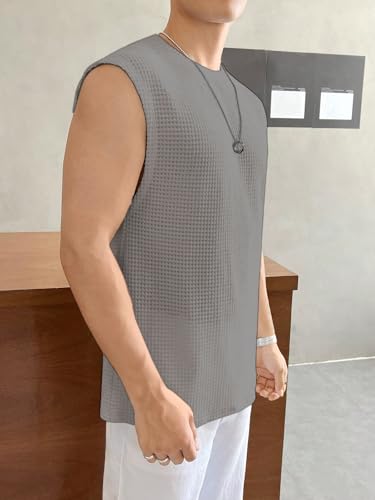 Image of NETCLICK Mens Waffle Tank Tops Sleeveless Round Neck Polycotton Vest, Sando & T-Shirt for Gym, Running and Outdoor