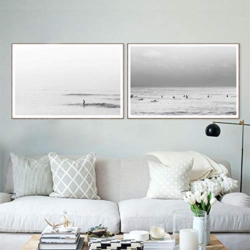 Art mural coastal surfer beach avec 2 toiles noires et blanches 60x90cm sans cadre pour salon