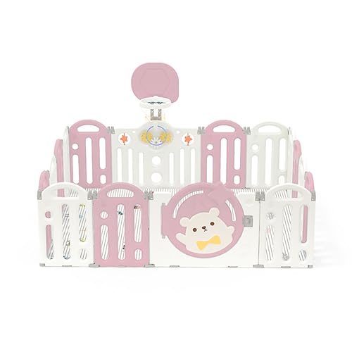 Image of Kids Station Pink Bear Baby Playpen 180 x 200 with Playmat, Basketball Hoop & 20 Balls, Spacious Safety Play Yard for Babies & Toddlers, Indoor /Outdoor Use, Sturdy Frame