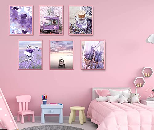 Purple Lavender Flowers Posters Wall Art Decor,Wreath Train Bike Purple Landscape Painting Wall Decor,Purple Room Wall Decor,France Provence Fields Scenery Poster Bedroom Artwork Wall Decor,Nordic Landscape Painting For Girls Room Aesthetics Decor Bedroom And Living Room And Bathroom Decor,Set Of 6(8''X10''Inches,Unframed). #TOP2
