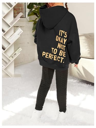 SweatyRocks Moletom feminino com capuz de manga comprida e estampa de letras grandes, Preto, 10 Anos