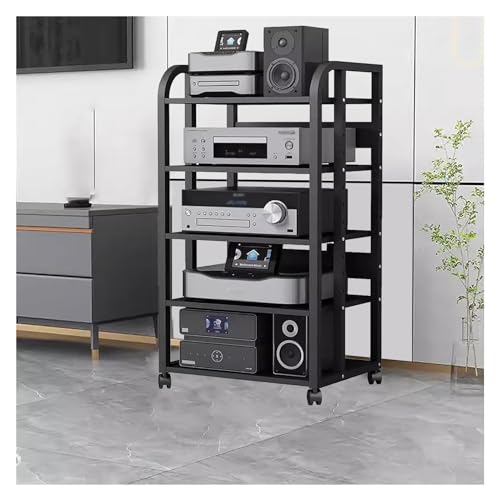 Audio Rack Cabinet Drawer Divider On Wheels - Metal Media Shelf with Height-Adjustable Holder - Black Corner Entertainment Shelf Storage Stand for Bedroom (Color : No Drawers 5 Tier-H100cm)