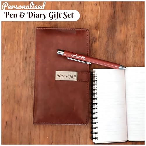 Image of SAVRI Personalized Leather Diary & Engraved Pen - Custom Name Executive Notebook with Employee Name & Company Logo - Non-Dated, Joining Kit, Corporate Gift, Office, Travel & Birthday Gift (Brown)