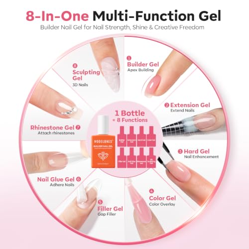 Image of modelones Builder Nail Gel, Peachy Nude Builder for Nails, Translucent Pink Color Rubber Base Gel Polish for Natural Overlay, Apex Building, Short Extension, Self-Leveling Beginner U V /LED Cured