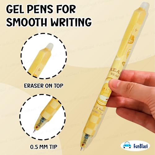 Image of FunBlast Creamy Bear Erasable Gel Pens - 12 Pcs of Gel Pen with Magic Eraser, Kawaii Gel Pens, Lightweight Gel Pen with Comfortable Grip, Stationery for School & Office - Blue Ink