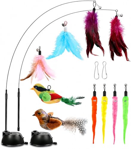 Jou Shen Canne à pêche pour chat avec plumes et ventouse - Jouet interactif pour chat et chat (14 pièces plume/oiseau/chenille)