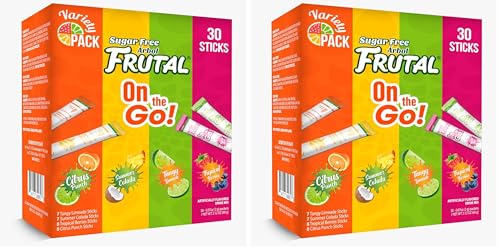 Powdered Drink Mix Variety Pack, Sugar Free! – Fruity flavors - Summer Colada, Tangy Limeade, Citrus Punch & Tropical Berries Packets (30 Count of Stick Packs) - Frutal On-The-Go! (Pack of 2)