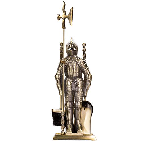 Xtremepowerus 95167 Barton Medieval Middle Ages Irons Knight Fireplace Tool Set Wood Stove Logs Poker Holder Brush, Antique Brass #TOP2