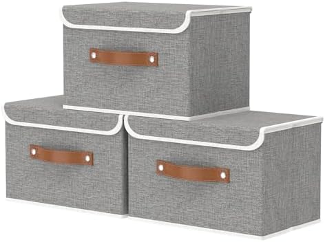 OUTBROS 3 Set Aufbewahrungsbox Stoff, 38x25x25cm Box mit Deckel, Grau | Faltbarer Aufbewahrungskorb, Ordnungsbox mit Griff, Schrank Organizer Kleiderschrank, für Kleidung