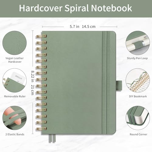 EMSHOI Lined Spiral Journal Notebook, 300 Numbered Pages, A5 College Ruled Notebook, 100gsm Lined Paper, Hardcover Leather Notebook for School, Work & Note Writing, 5.7\" × 8.22\" - Light Green - Thumbnail 2